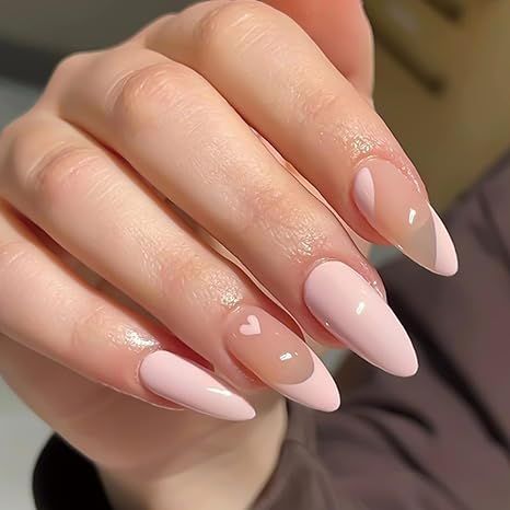 YOSOMK Light Pink Press on Nails Medium Almond Fake Nails Cute Heart Glossy Glue on Nails Artific... | Amazon (US)