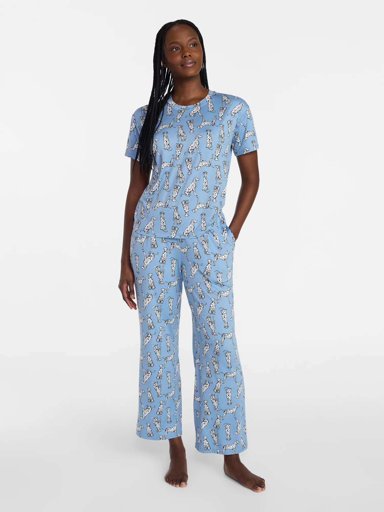 Joyspun Women's Dreamy Soft Collection Short Sleeve Sleep Top and Open Leg Pants Pajama Set, 2-Pi... | Walmart (US)