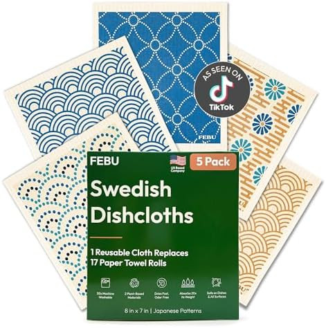 FEBU Swedish Dishcloths for Kitchen | 5 Pack Japanese Reusable Paper Towels Washable | Swedish Di... | Amazon (US)