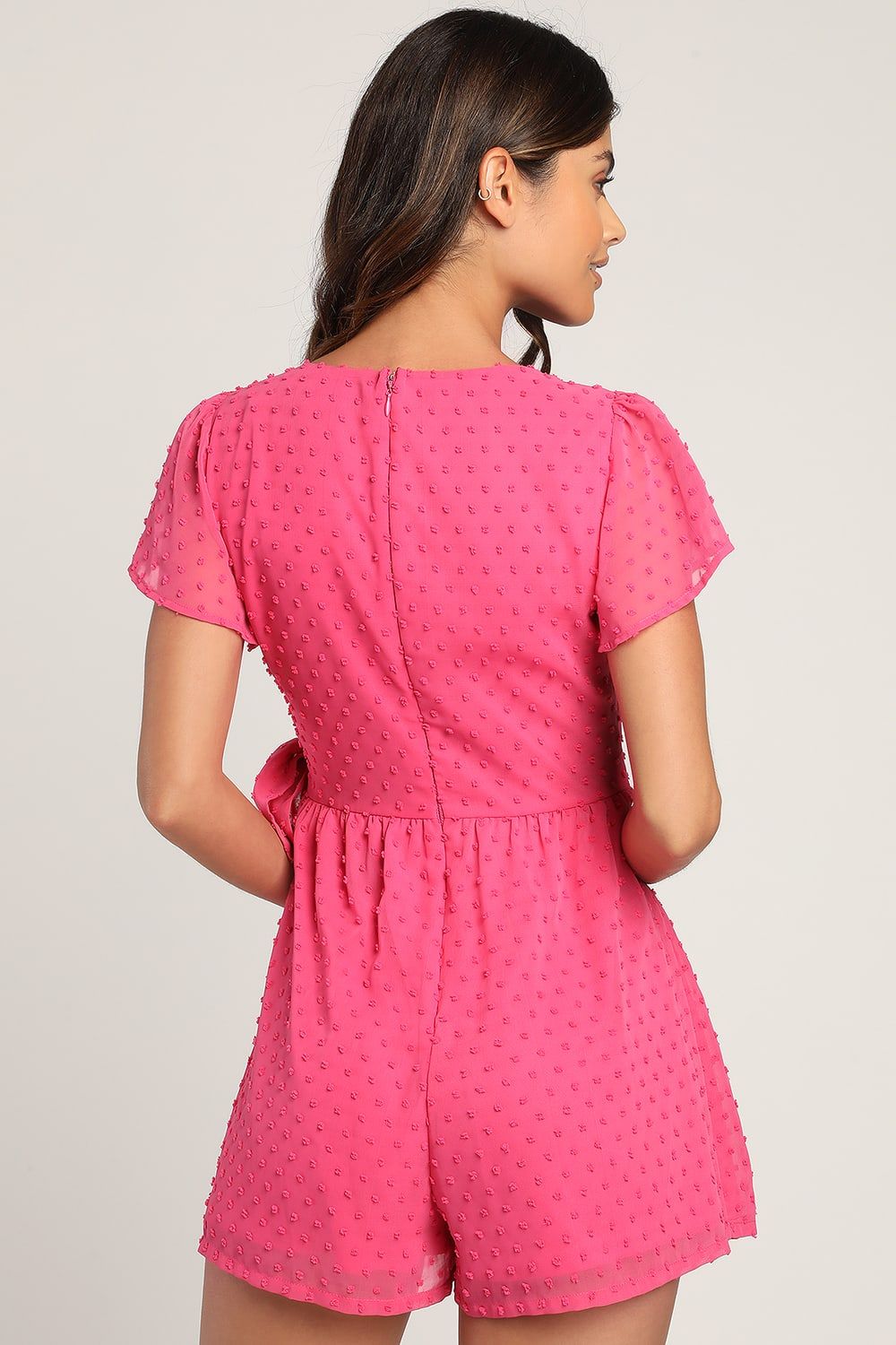Love for Always Pink Swiss Dot Flutter Sleeve Side-Tie Romper | Lulus