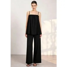 Elasticated Neckline Swing Cami Top and Pants Set in Black for Beach Vacations & Resort Stays | Chicwish