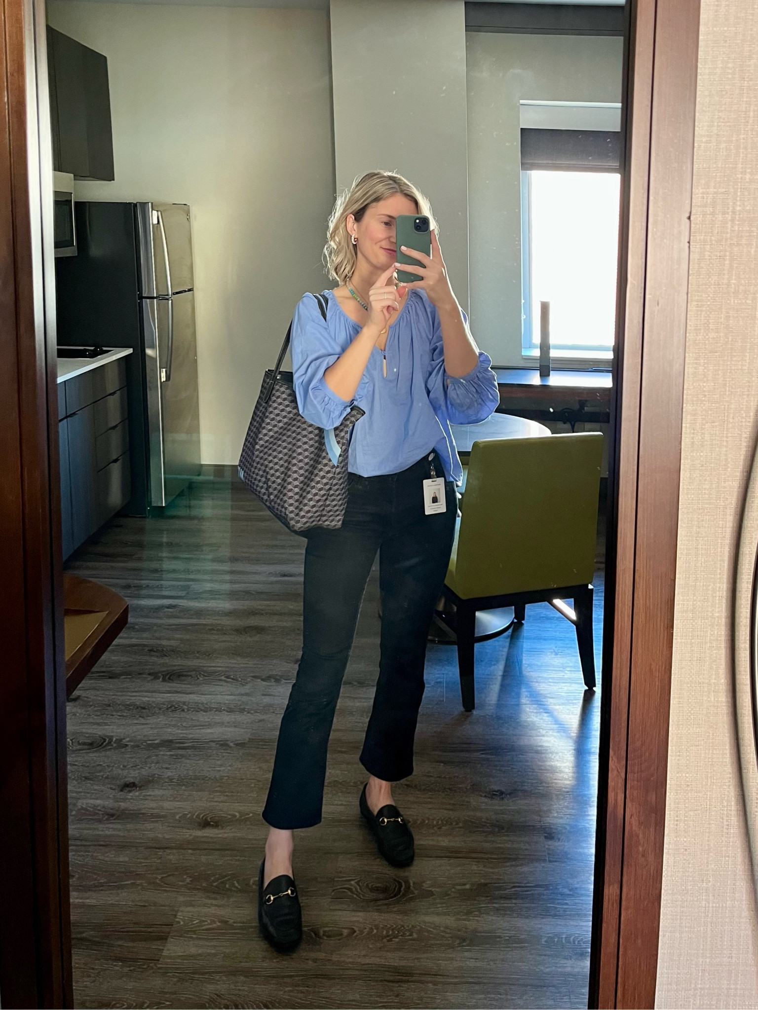 Office outfit 🤓 Loving the color of this $25 blouse for Spring! (I cut the strings off FYI). Have also worn it with linen pants and shorts and it’s proving a great purchase! 

I’ve had this bag for years and it’s doubled as a work bag, diaper bag, tote around town bag - it does it all! 

#LTKworkwear #LTKfindsunder50 #LTKitbag