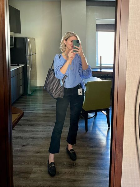 Office outfit 🤓 Loving the color of this $25 blouse for Spring! (I cut the strings off FYI). Have also worn it with linen pants and shorts and it’s proving a great purchase! 

I’ve had this bag for years and it’s doubled as a work bag, diaper bag, tote around town bag - it does it all! 

#LTKworkwear #LTKfindsunder50 #LTKitbag