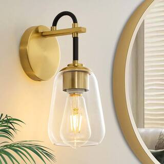 Modern 1-Light Gold Industrial Wall Sconce with Clear Glass Shade | The Home Depot