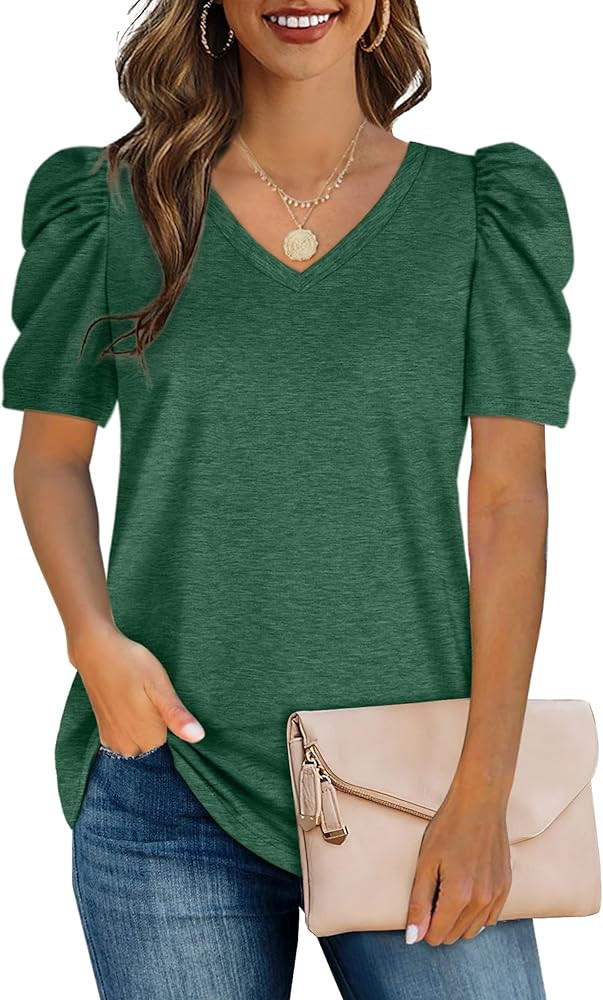 Womens Summer Tops Puff Sleeve V Neck Short Sleeve Shirts for Women | Amazon (US)