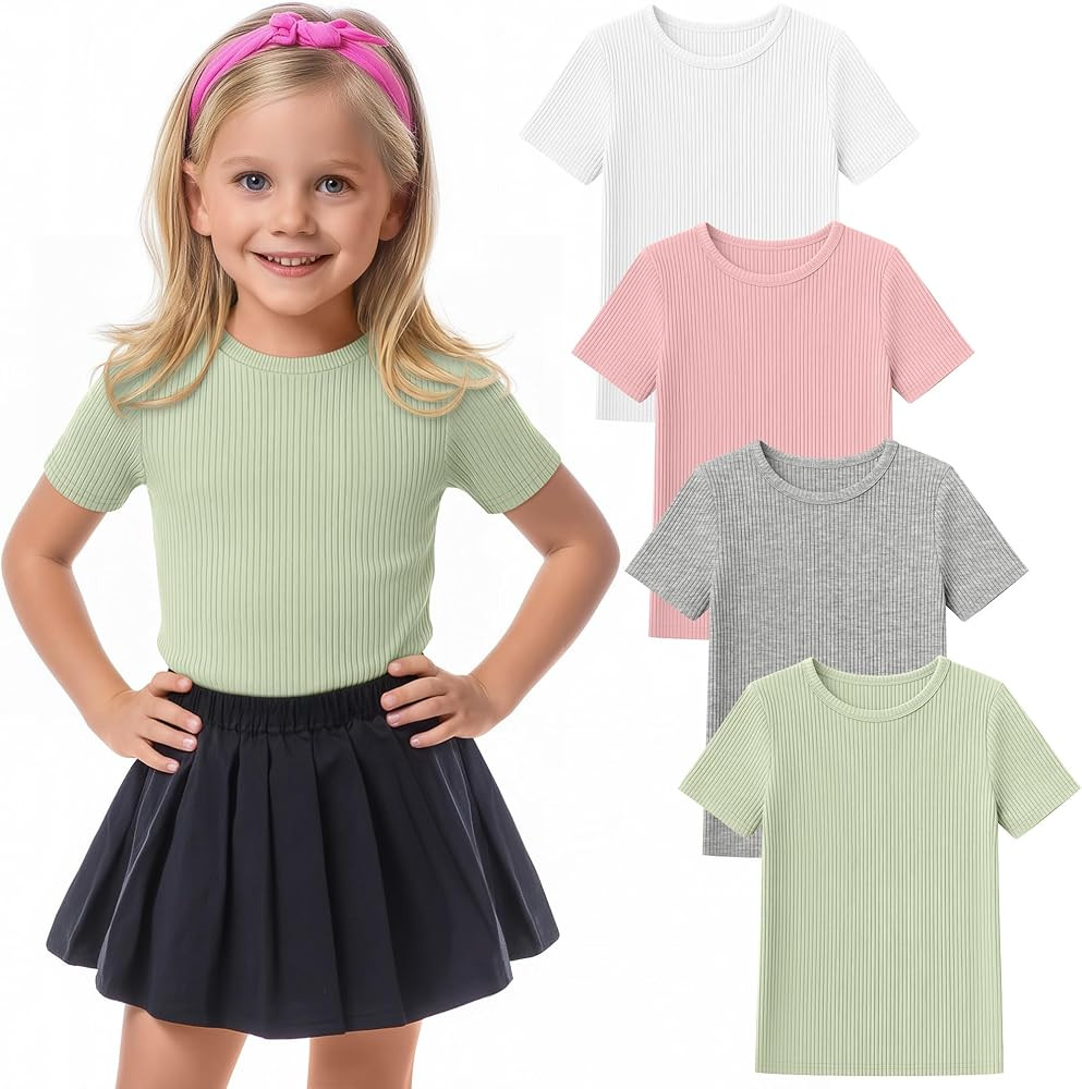 4 Pcs Girls Short Sleeve Ribbed Knit Shirts Crew Neck Tops Slim Basic Solid Casual Cute Tees Size... | Amazon (US)