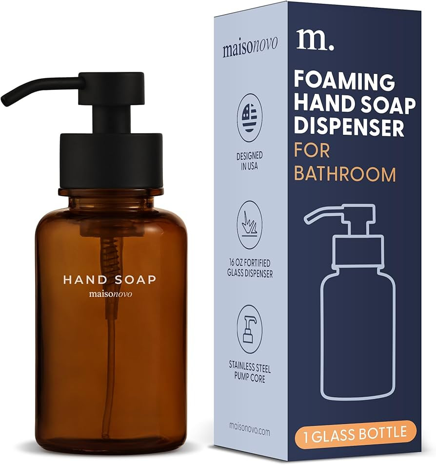 MaisoNovo Glass Foaming Hand Soap Dispenser | Amber Foaming Soap Dispenser Black Pump x 1 w/Label... | Amazon (US)