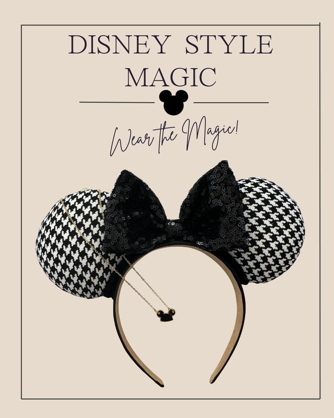 ✨ Complete your Disney look with the perfect combo of Minnie ears and magical jewelry! This chic black-and-white houndstooth design with a sparkly bow pairs beautifully with the delicate Mickey silhouette necklace for a stylish touch of Disney magic. Whether you’re heading to the parks or just bringing the magic into your everyday outfits, this duo is the ultimate way to show off your Disney-inspired style. 💫 

 