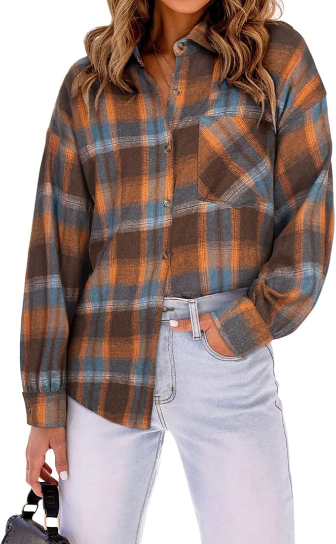 Berryou Flannel Shirts for Women Casual Plaid Button Down Shirt Long Sleeve Blouse Tops | Amazon (US)