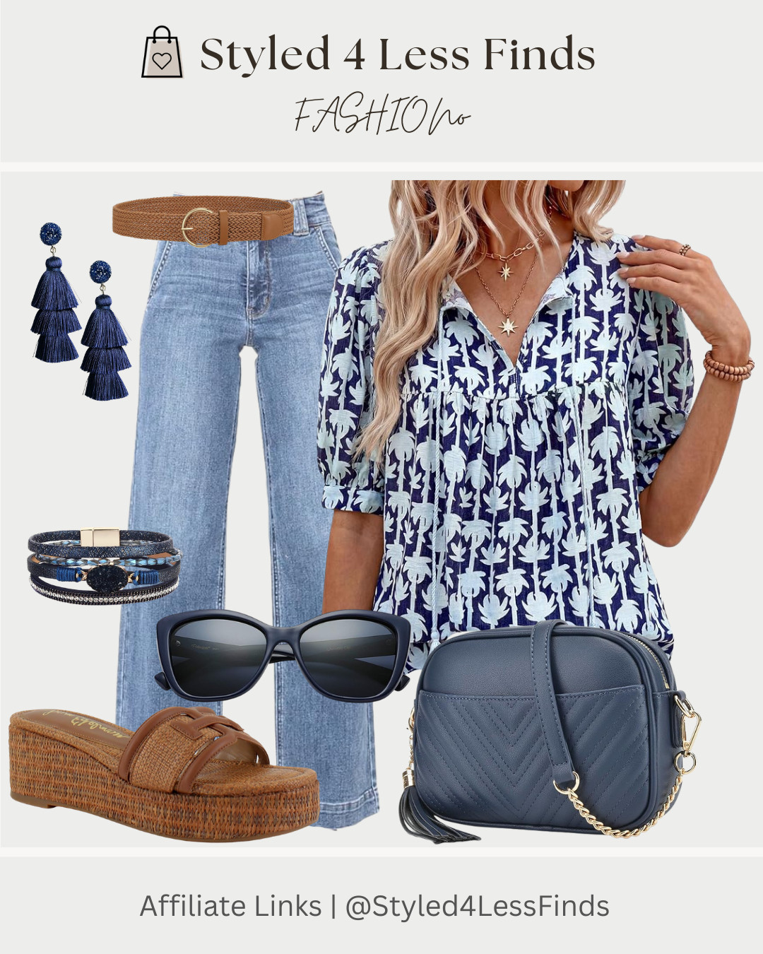 Loving these pretty spring blues 💙 This top is such an easy throw-on piece and pairs perfectly with denim, rattan textures, and navy accessories for a fresh, pulled-together look.

Style Tip: Balance a bold print by keeping your accessories in the same color family—navy, tan, and natural textures make the whole outfit feel elevated and effortless. 

 #LTKcanada #LTKjeans #LTKover50style
