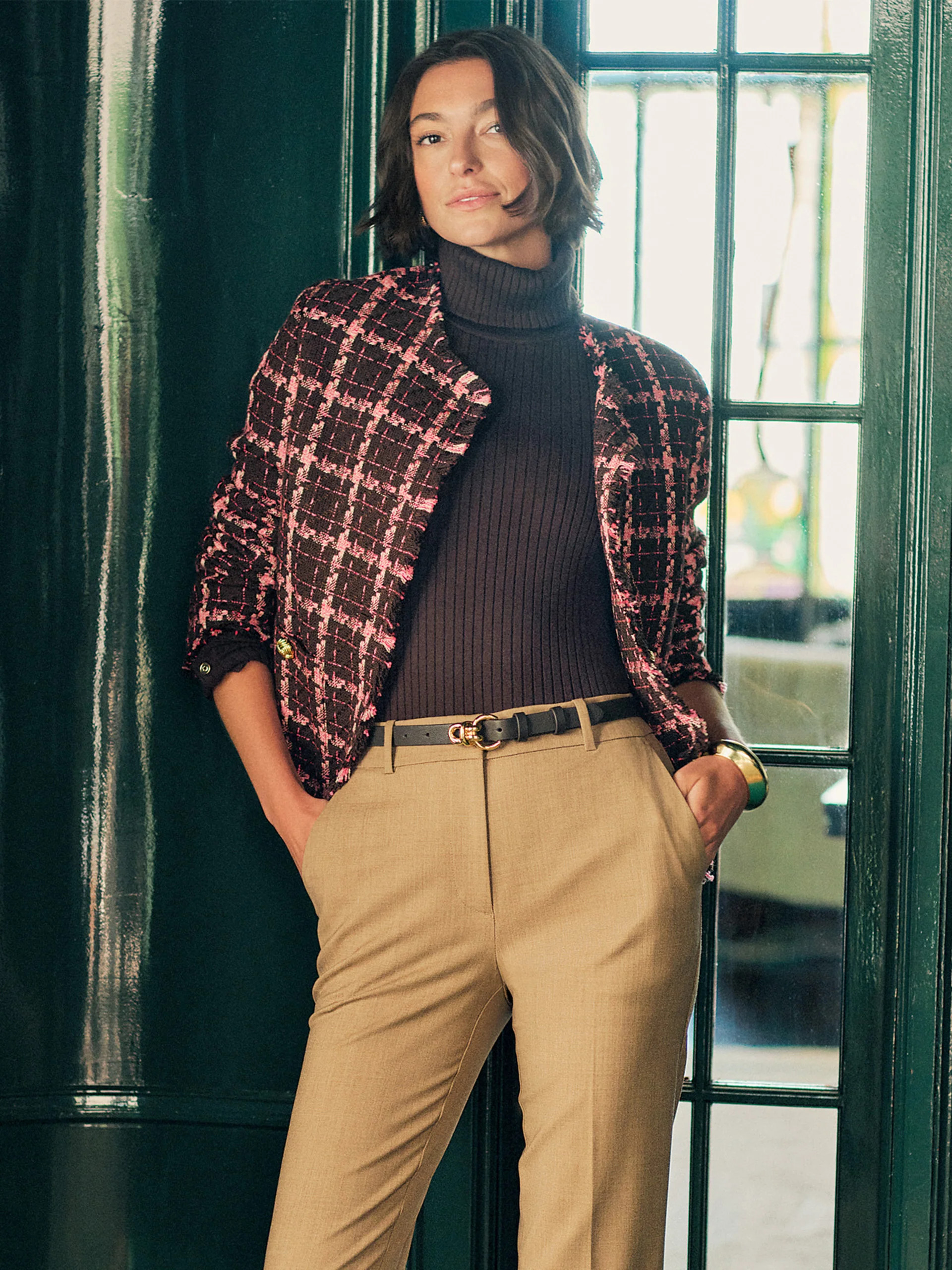 Brown/Pink Plaid Abigail Boucle Jacket | Women's Jackets & Outerwea... | J.McLaughlin