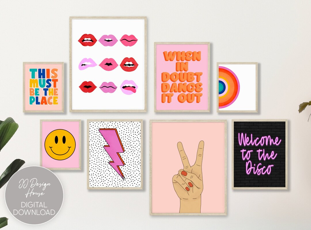 Retro Wall Art Set of 8, Trendy Art Print Bundle, Dorm Wall Decor, Throwback Art Prints, DIY Wall... | Etsy (US)