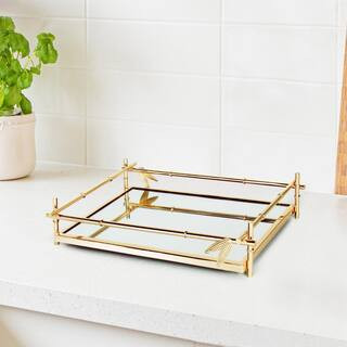 13.25 in. Bamboo Style Rectangle Metal Mirror Gold Decorative Tray 250815-GO - The Home Depot | The Home Depot