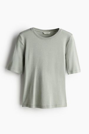 Short-sleeved Top - Round Neck - Short sleeve - Light khaki green - Ladies | H&M US | H&M (US + CA)