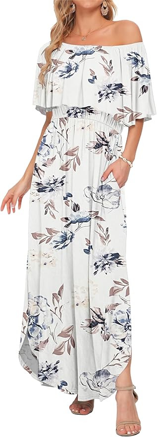 AUSELILY Womens Off The Shoulder Dress Summer Casual Long Ruffle Party Side Split Beach Maxi Dres... | Amazon (US)