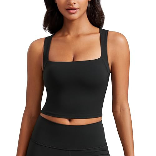 CRZ YOGA Butterluxe Womens Longline Square Neck Sports Bras - Basic Crop Tank Yoga Workout Tops with Built in Pads Black X-Large | Amazon (US)