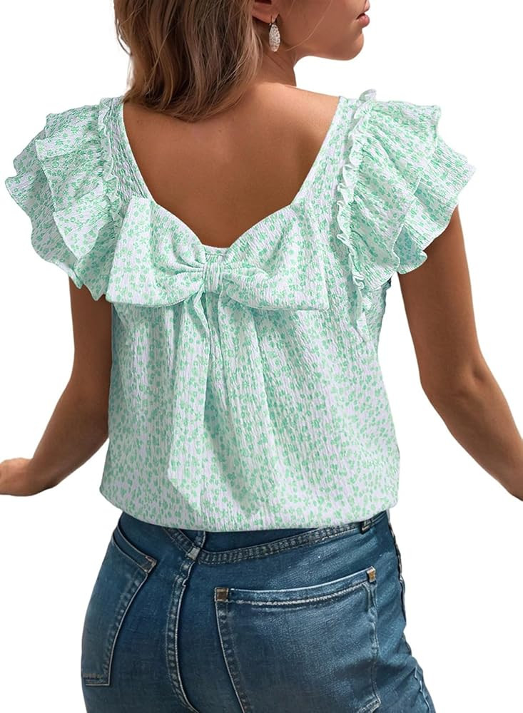 Dokotoo Womens Tops Casual Square Neck Bow Tie Back Blouse Ruffle Butterfly Sleeve Babydoll Textu... | Amazon (US)