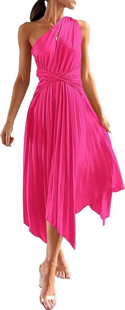 PRETTYGARDEN Women's Summer Long Satin Dress One Shoulder Sleeveless Ruched Twist Flowy Maxi Dres... | Amazon (US)