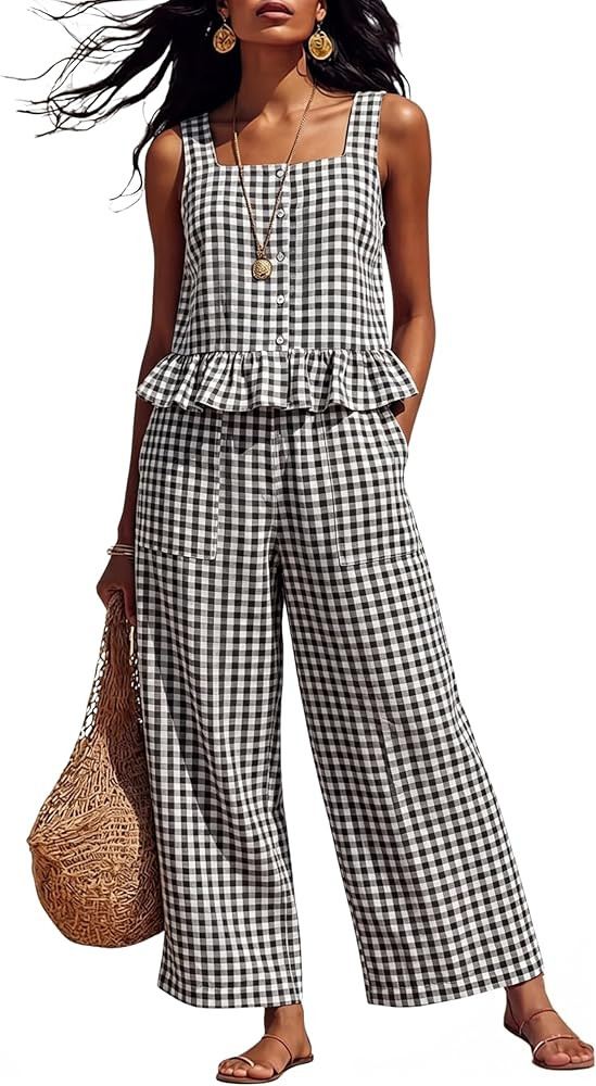 Tanming 2 Piece Sets for Women Plaid Gingham Summer Tank Top Wide Leg Pants Matching Outfit Beach... | Amazon (US)