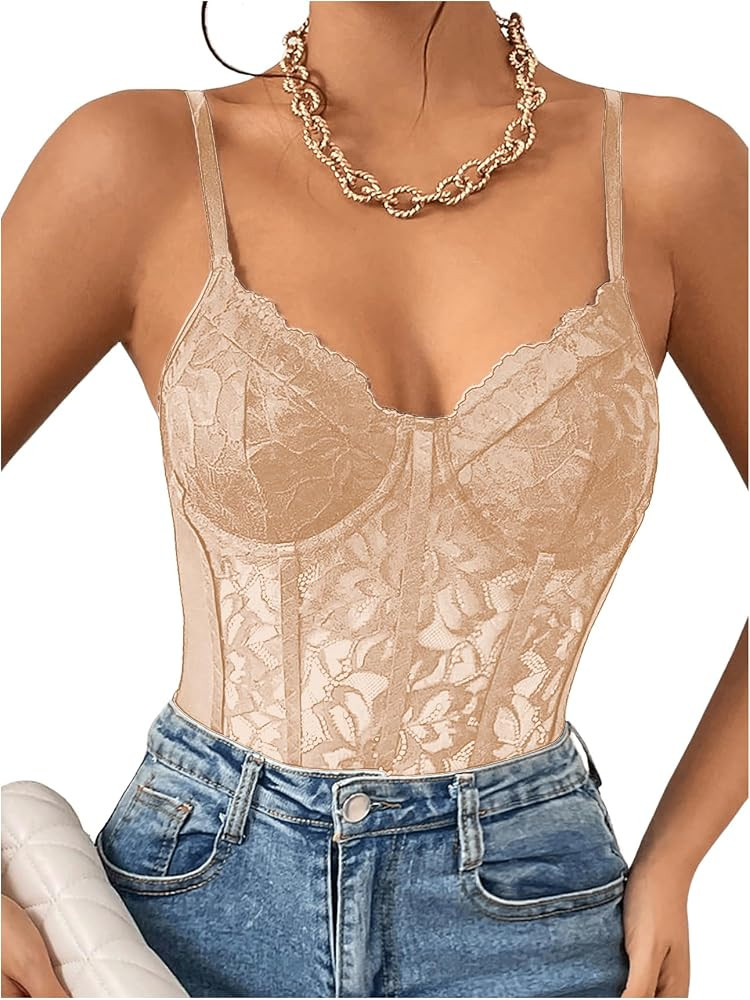 Milumia Women's Sexy Mesh Lace Bodysuit Spaghetti Strap Bustier Corset Tops | Amazon (US)