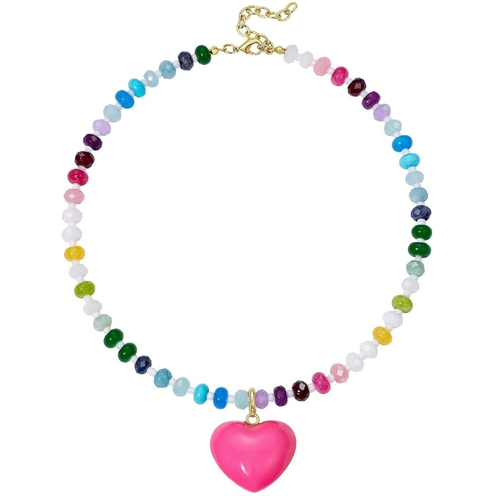 KissYan Beaded Necklaces for Women, Colorful Boho Bead Choker With Bubble Puffy Heart Pendant, Na... | Amazon (US)