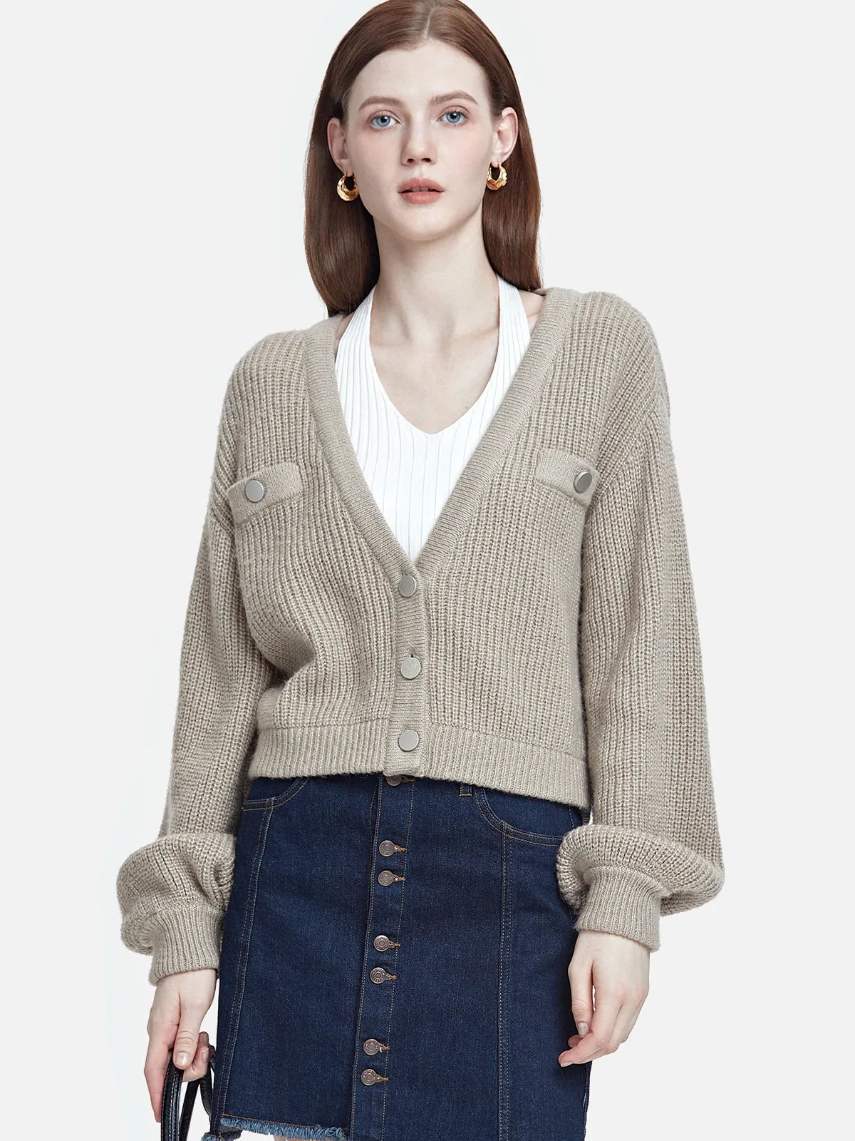 V-Neck Fake Pocket Short Cardigan Sweater | SDEER