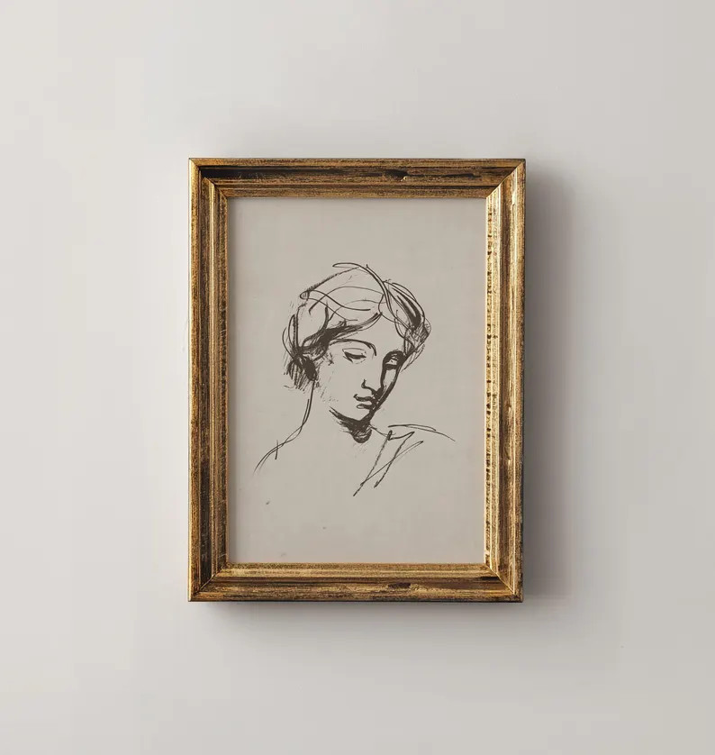 Vintage Woman Sketch Art Print | Neutral Cottagecore Decor | Etsy (Global)