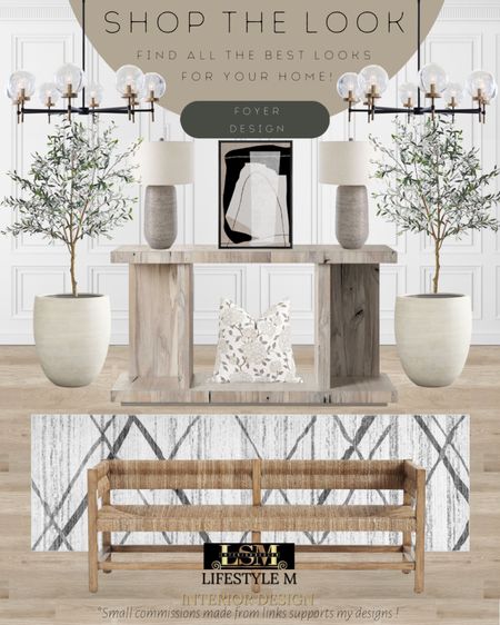 Transitional, modern farmhouse foyer idea. Rustic Wood console table, wood weave bench, modern white stripe runner, white terracotta tree planter pot, realistic faux fake tree, white throw pillow, grey table lamp, modern wall art, modern glass chandelier.

#LTKstyletip #LTKhome #LTKFind