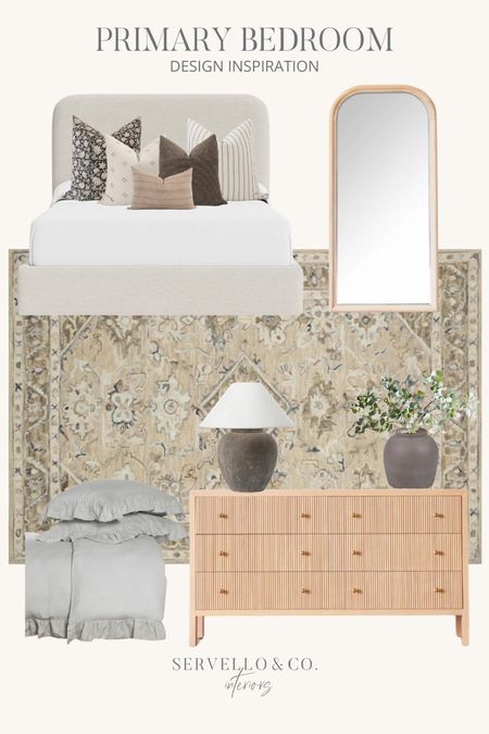 Primary bedroom decor, soft neutral bedroom design, olive green bedroom, master bedroom ideas, master bedroom decor, neutral bedroom, upholstered bed, McGee and co dresser, large cement lamp, large grey vase, ruffled duvet cover, bedroom throw pillows, floor length mirror, oak dresser, sage green duvet

#LTKfindsunder100 #LTKhome #LTKfamily