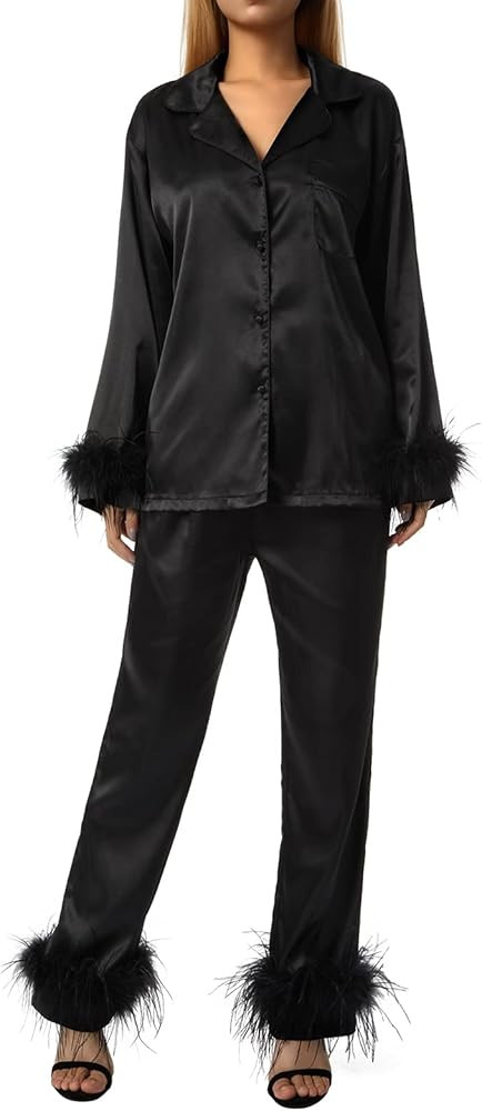 BABAMOON Women Silk Satin Pajamas Set Button Down Long Sleeve Sleepwear Feather Trim Nightwear Lo... | Amazon (US)
