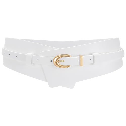 WHIPPY Women Wide Leather Belt Fashion Ladies Dress Belt 2-in-1 Waistband with Skinny Belt for Suits, White, L | Amazon (US)