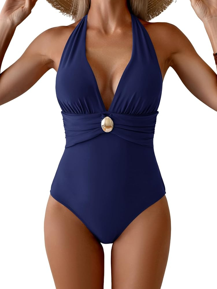 Aidonger Women's One Piece Swimsuit Sexy Halter V Neck Bathing Suit Tummy Control Ruched Metal Sw... | Amazon (US)