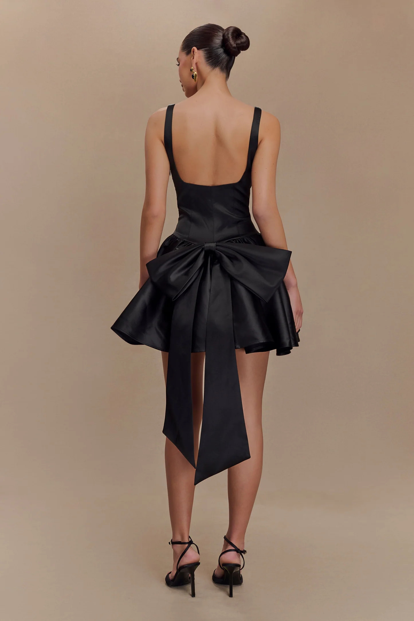 Felicia Satin Mini Dress With Bow - Black | MESHKI US