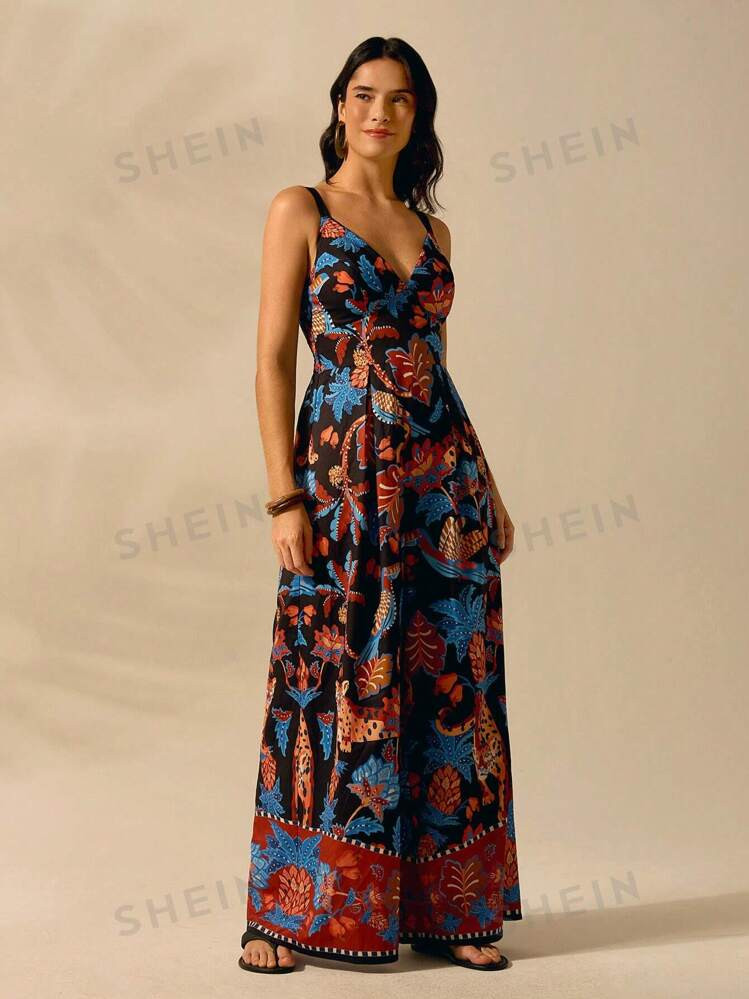 CAJUNI Women's Boho Leopard, Pineapple, Tropical Flora And Fauna Print, Sleeveless Black Long Jum... | SHEIN