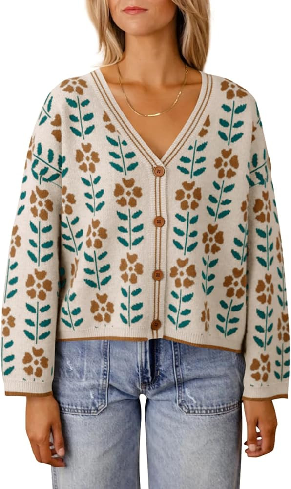 Saodimallsu Womens Floral Print V Neck Cardigan Open Front Button Down Knit Sweater Long Sleeve L... | Amazon (US)