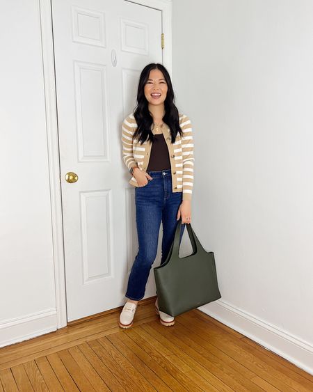 Beige and white striped cardigan (XS)
Brown tank top (XS/S)
High waisted dark wash jeans (4P)
Olive green tote bag
Cuyana System tote
White loafers (TTS)
White chunky loafers
Smart casual outfit 
Ann Taylor outfit 
Outfit with jeans 
Spring outfit 
Nutra outfit 
Teacher outfit

#LTKworkwear #LTKstyletip #LTKsalealert