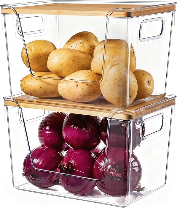 Criusia 2 Set Pantry Organizers and Storage with Bamboo Lids, Stackable Clear Bins for Onion, Pot... | Amazon (US)