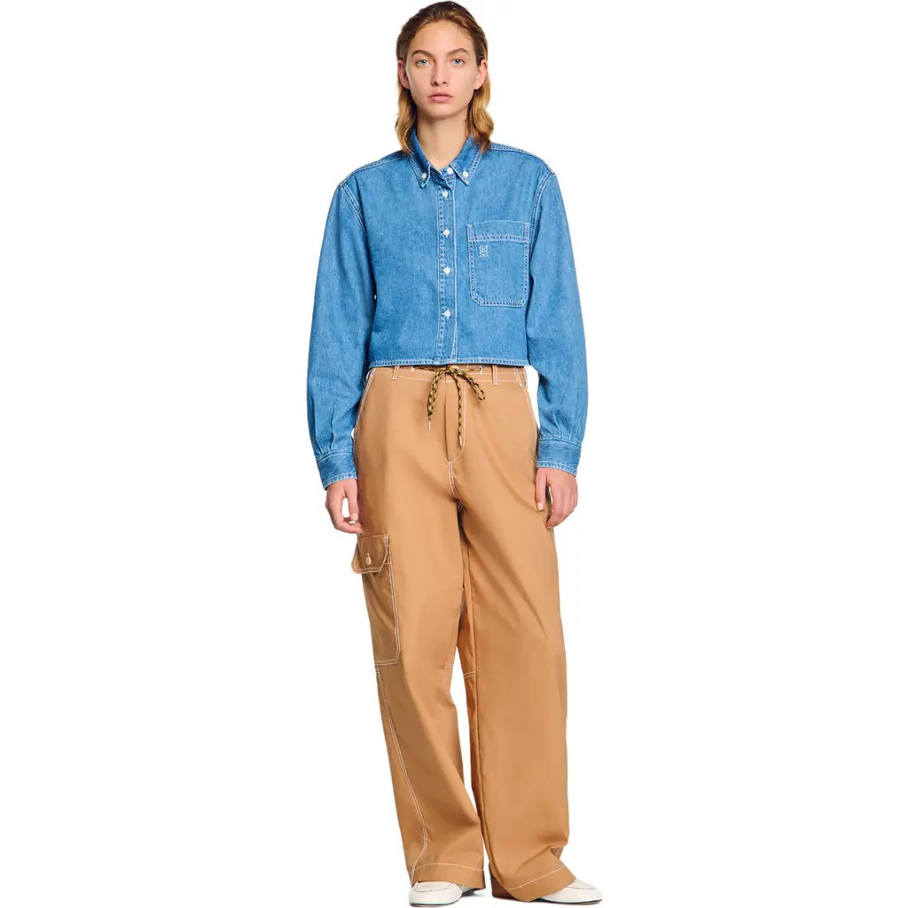 SANDRO Denim cropped shirt in Blue Jean at Nordstrom, Size Large | Nordstrom