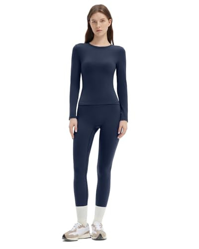 SUUKSESS Women 2 Piece Workout Sets Tummy Control High Waisted Leggings Long Sleeve Workout Tops (Navy, XL) | Amazon (US)