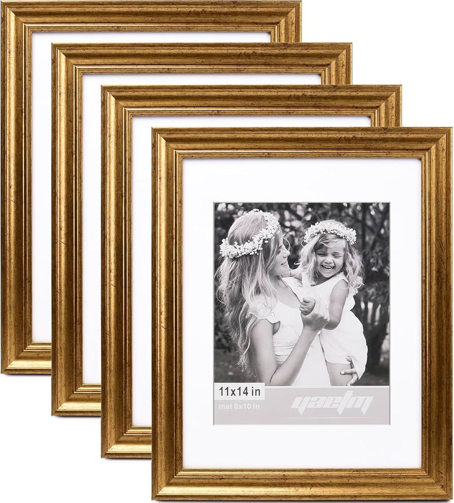 11x14 Gold Picture Frame with Mat for 8x10 Set of 4, 1.4" Wide Molding & Rustic Golden Picture Fr... | Amazon (US)