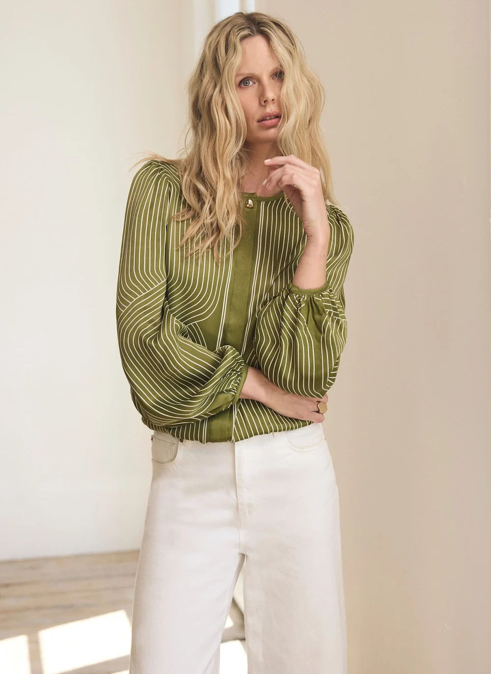 Olive Green Satin Printed Bomber Blouse | Mint Velvet - US