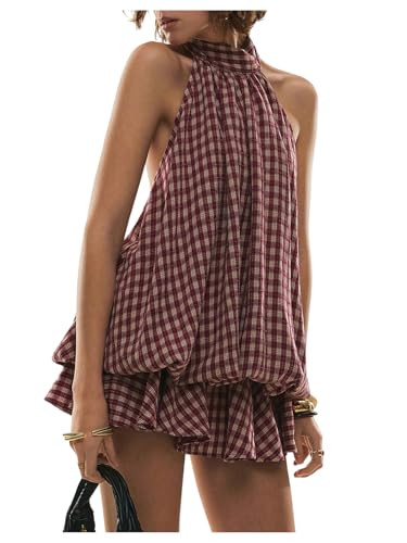 SOLY HUX Women's Plaid Halter Mini Dress Y2K Bubble Dresses | Ruffle Hem, Tie Back, Open Back, Sl... | Amazon (US)