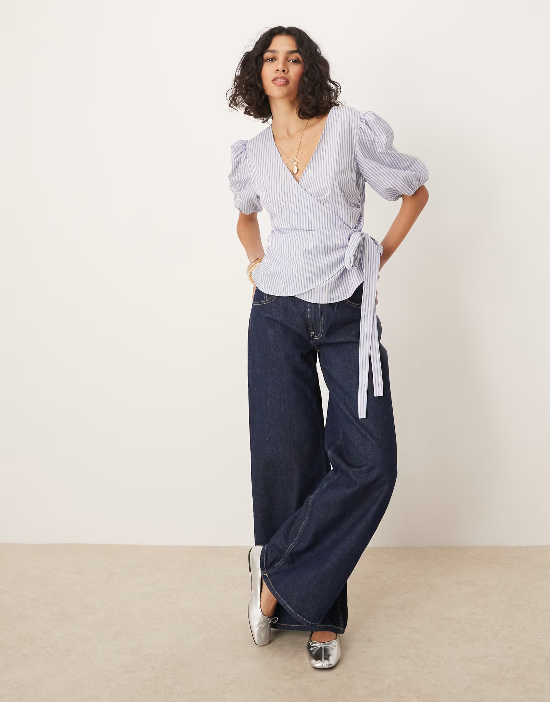 ASOS DESIGN cinched wrap top in blue stripe | ASOS (Global)