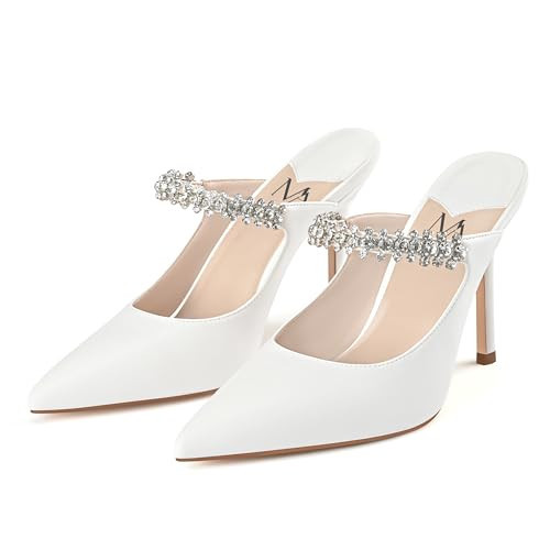 MIRAAZZURRA White Heel Mules for Women Pointed Close Toe Stiletto High Heels Slip On Mules for Women Bridal Wedding Dress Party White 6.5 | Amazon (US)