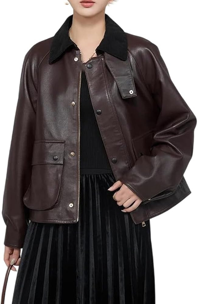 Women's Smooth Leather Coat - Loose, Soft Zippered Cropped Leather Jacket | Amazon (US)