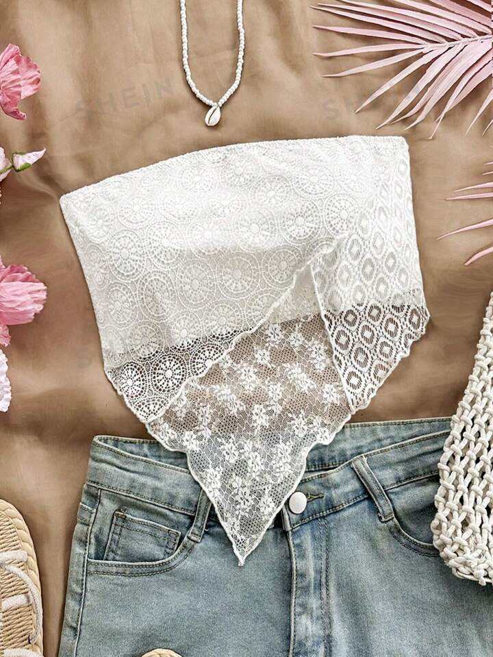 SHEIN WYWH Women's Holiday Style Jacquard Lace Crochet Textured Fabric Patchwork Ruffle Trim Bohe... | SHEIN