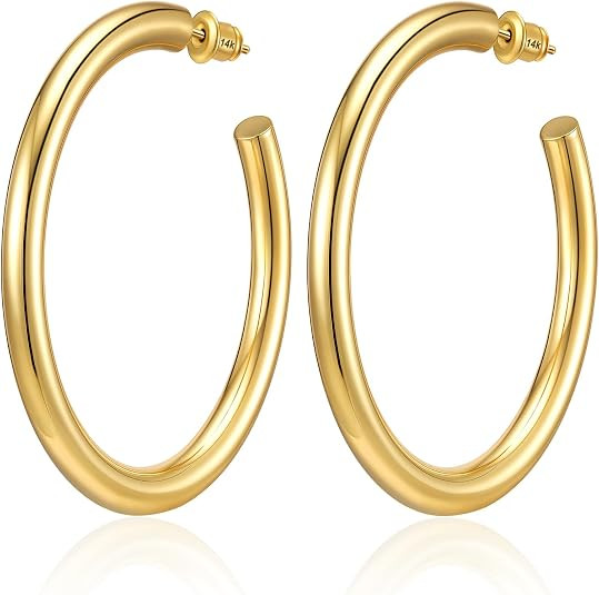 Hoop Earrings for Women, 14K Gold Plated/Silver Chunky Hoop Earring Hypoallergenic Sterling Silve... | Amazon (US)