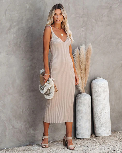 Melbourne Ribbed Knit Midi Dress - Taupe - FINAL SALE | VICI