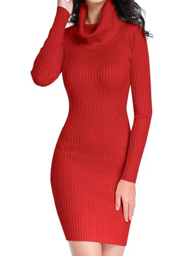v28 Sweater Dress for Women Ribbed Knit Fitted midi Sexy Fall Winter Bodycon Cowl Neck Dresses (Large, Red) | Amazon (US)