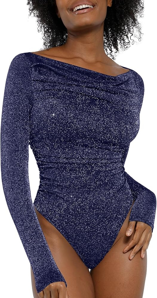 Popilush Bodysuits for Women Sparkly Off The Shoulder Tops Long Sleeve Body suit Tummy Control Th... | Amazon (US)